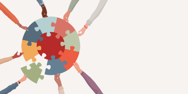 Autism syndrome concept. Group of raised arms of diverse people trabajo colaborativo